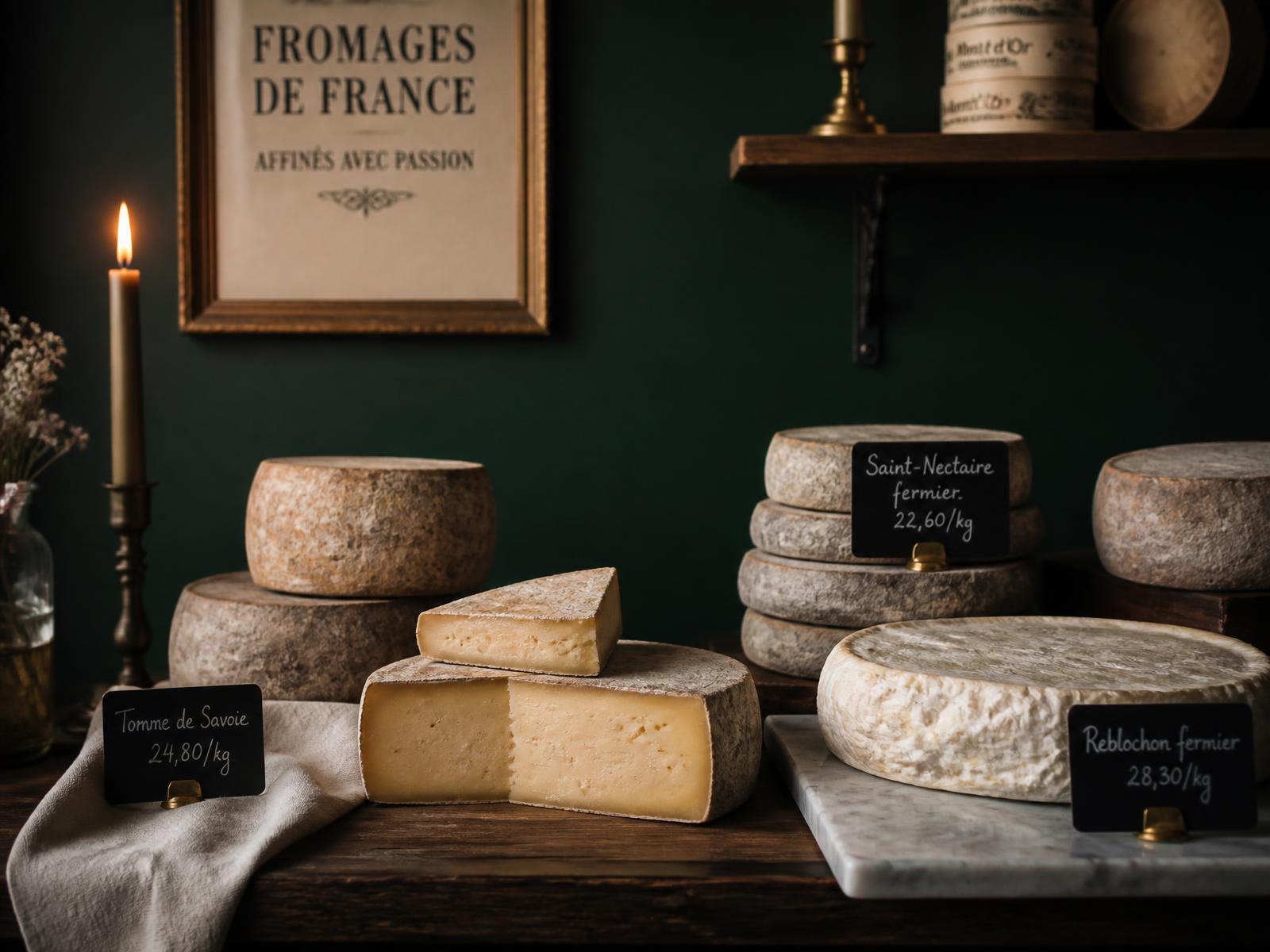 Wheels of French farmhouse cheese on a walnut counter against a forest green wall